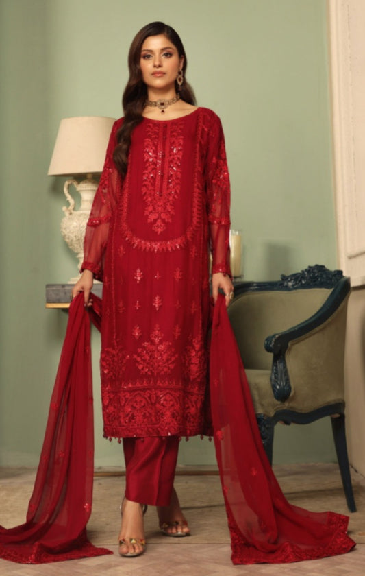 Red Embroiderd chiffon 3pc