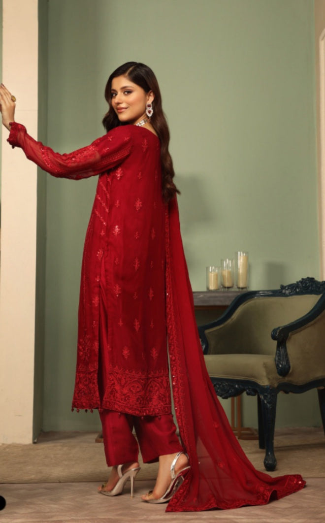 Red Embroiderd chiffon 3pc
