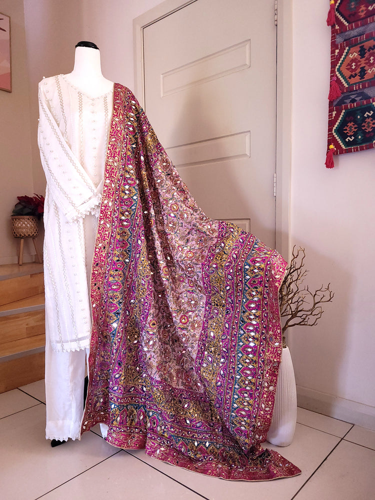 Beige & Hotpink multi silk duppata