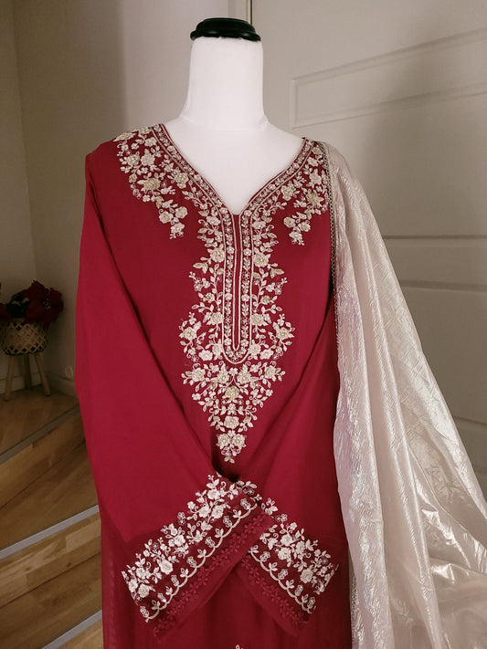 Reddish maroon chiffon 3pc dress