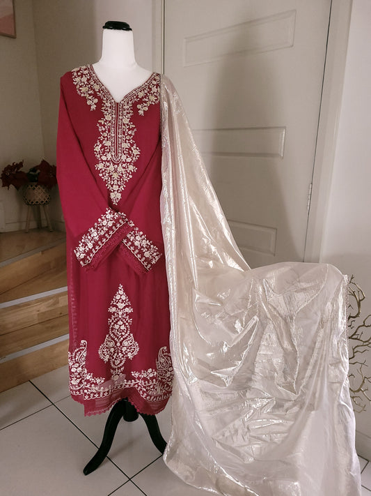 Reddish maroon chiffon 3pc dress