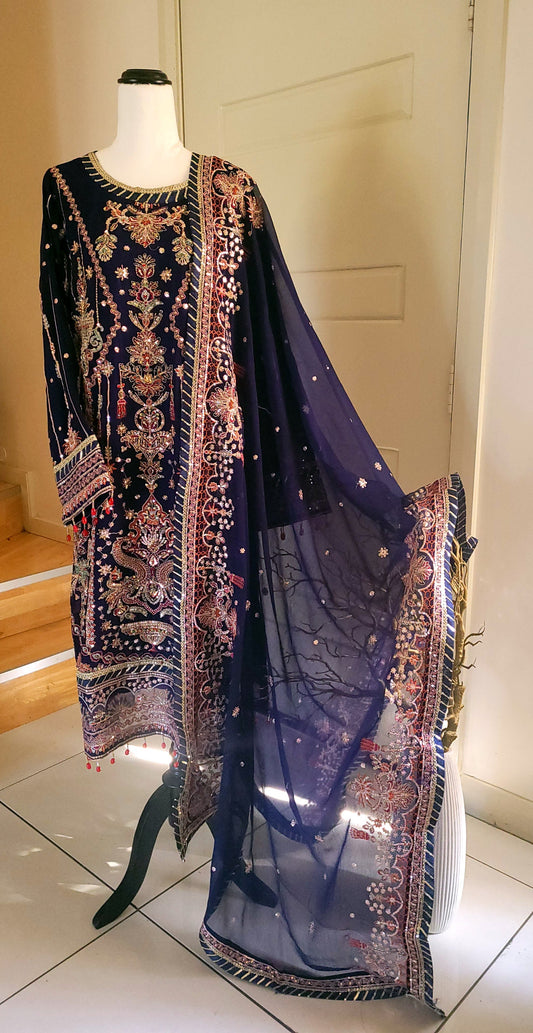 Navy blue heavy chiffon 3pc dress