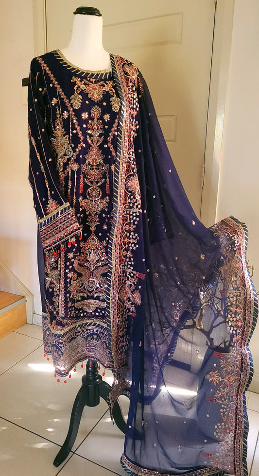 Navy blue heavy chiffon 3pc dress