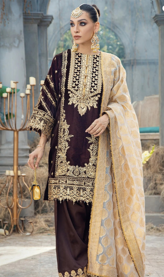 Velvet Brown & Golden 3pc dress