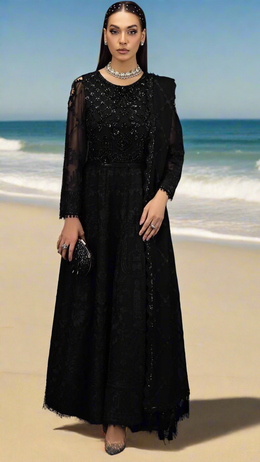 Black chiffon frock 3pc dress