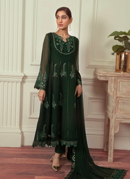 Bottle Green Chiffon Gown 3 Piece