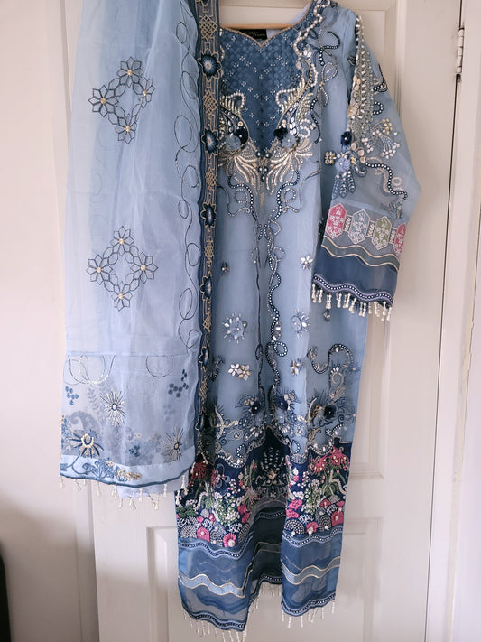 Sky Blue Heavy Organza 3 Piece