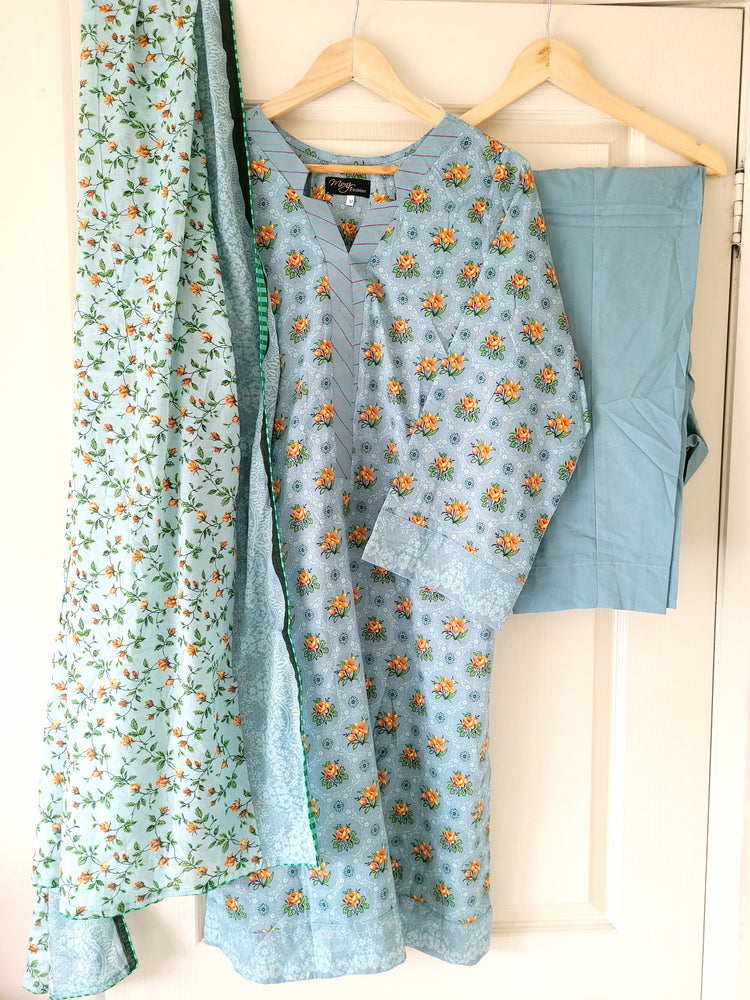 Bluish grey Floral 3 Piece Suit