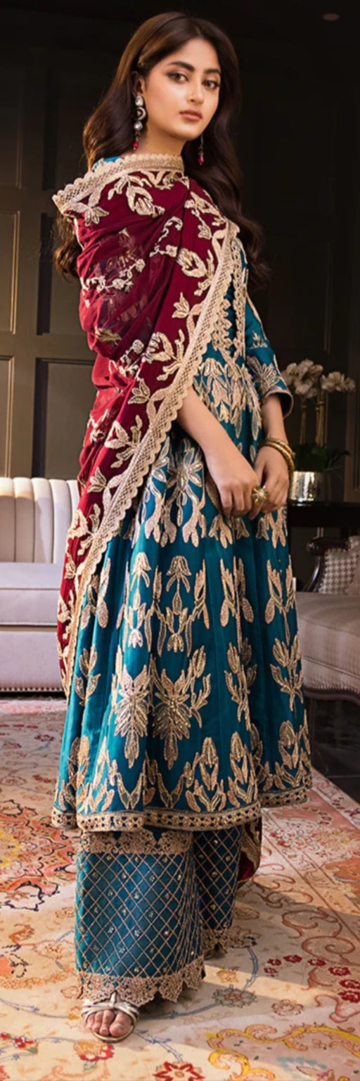 Silk Seagreen maroon duppata 3pc