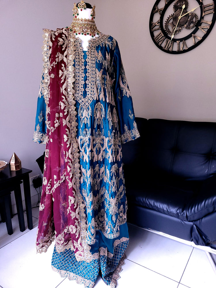 Silk Seagreen maroon duppata 3pc