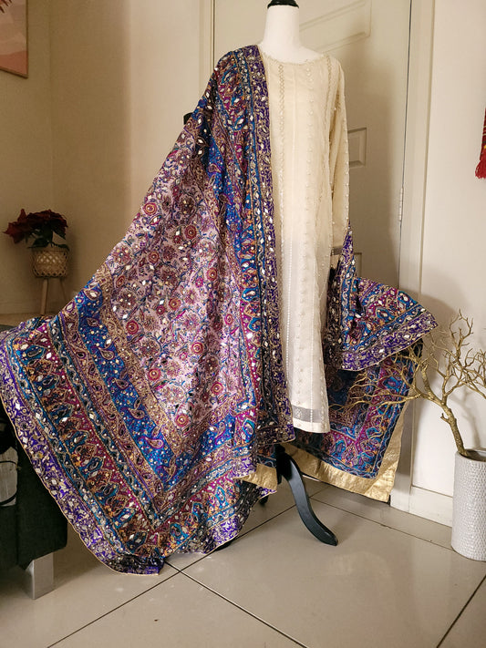 Blue pink & white silk mirror duppata