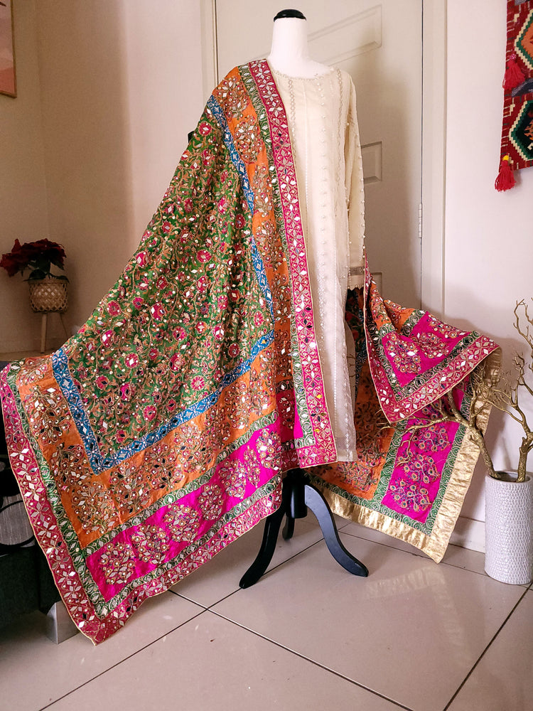 Green & Hotpink Silk Mirror Dupatta