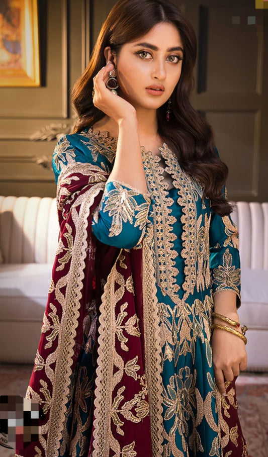 Silk Seagreen maroon duppata 3pc