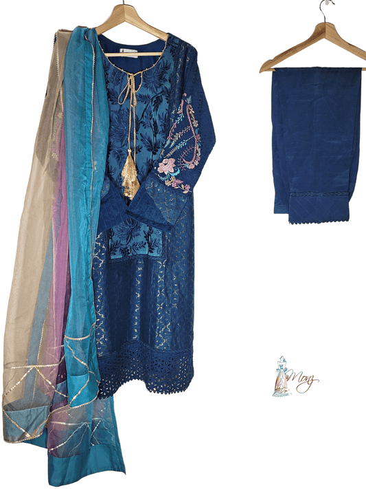 Banarsi Cotton Net Dark Sea Green 3 Piece Suit with Fusion of Chicken & Organza