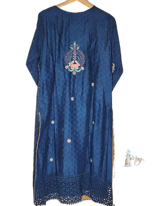 Banarsi Cotton Net Dark Sea Green 3 Piece Suit with Fusion of Chicken & Organza