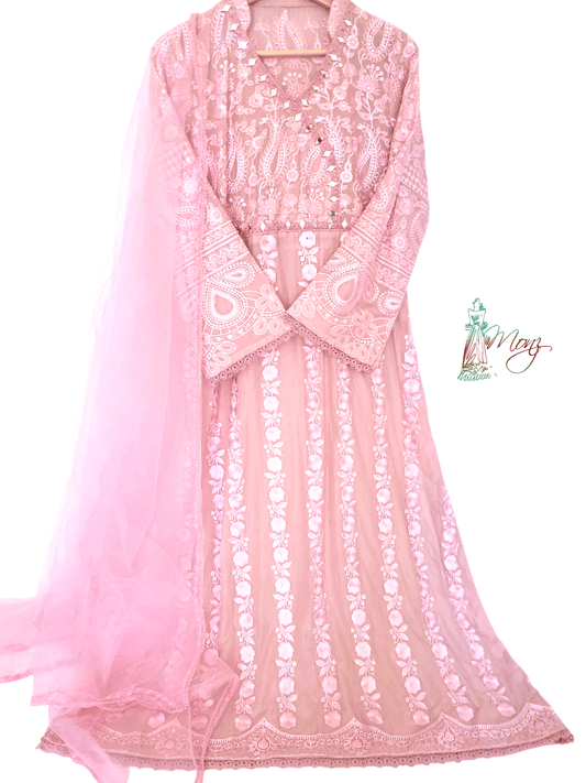 Chicken Lawn Mirror Embroidered Powder Pink 2 Piece Suit