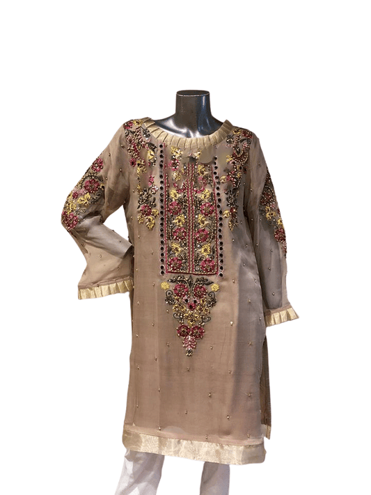 Chiffon Beige Heavy Resham & Hand Embroidered Shirt