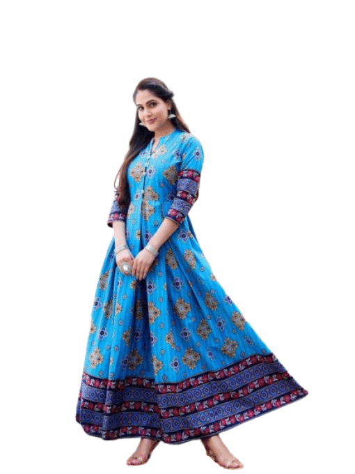 Cotton Long Frock Ferozi with Manual Work