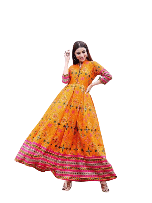 Cotton Long Frock Orange & Pink with Manual Work