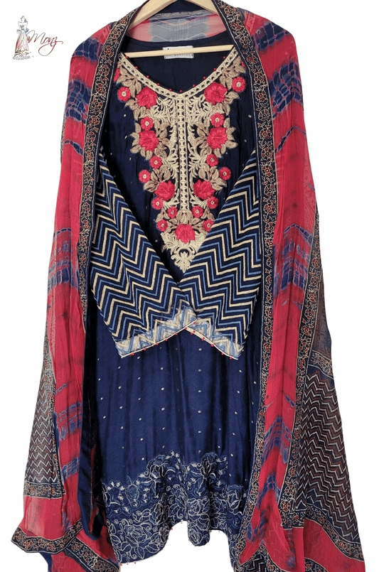 Cotton Net Embroidered Dark Navy Blue 3 Piece Suit
