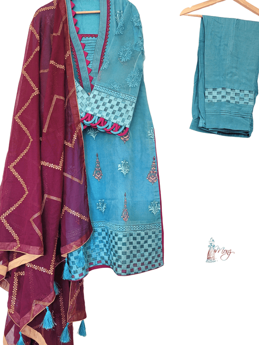 Embroidered & Self Organza Electric Blue 3 Piece Suit with Block Printing
