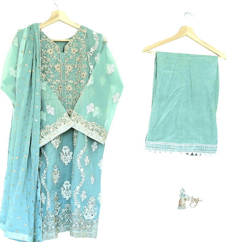 Hand Embroidered Metallic Green Organza 3 Piece Suit
