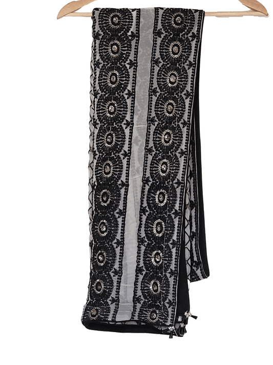 Heavy Embroidered Double Border Chiffon Black & White Dupatta