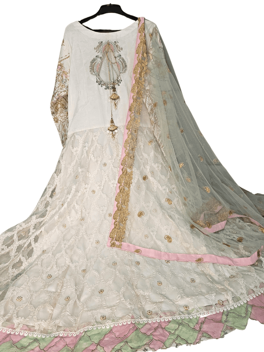 Heavy Embroidered Milky White Long Fancy Anarkali Frock 3 Piece Suit