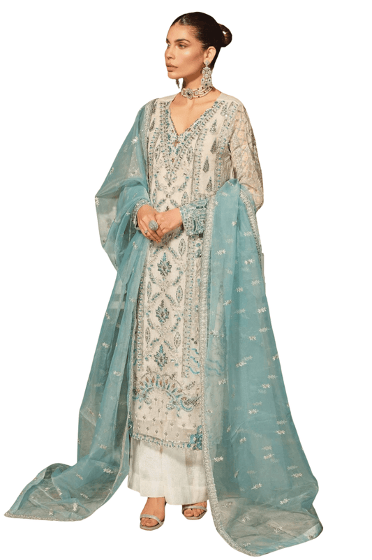 Heavy Embroidered Net 3 Piece Suit (White)