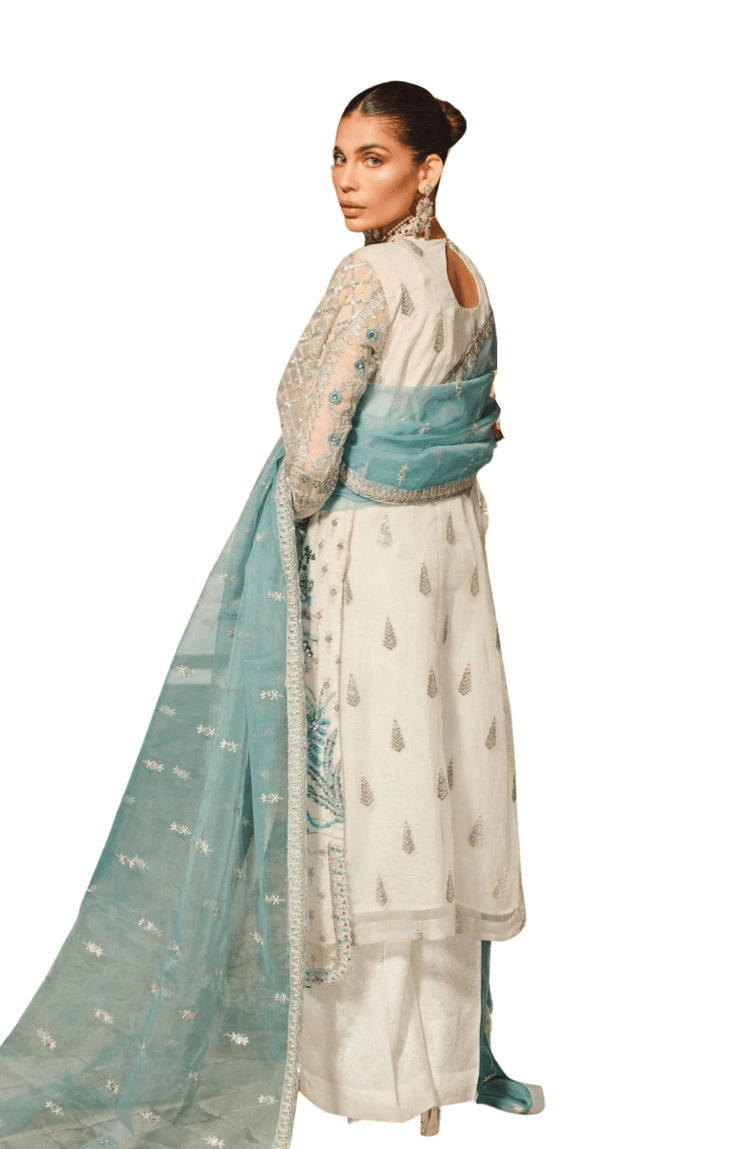 Heavy Embroidered Net 3 Piece Suit (White)