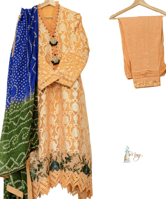 Luxury Organza & Chunri Dupatta Rusty & Blue 3 Piece Suit with Frill Style Neckline