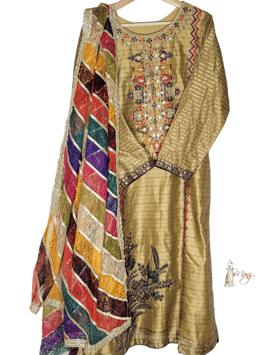 Mehndi Cotton Net with Multi Colour Resham & Gota Embroidered 3 Piece Suit