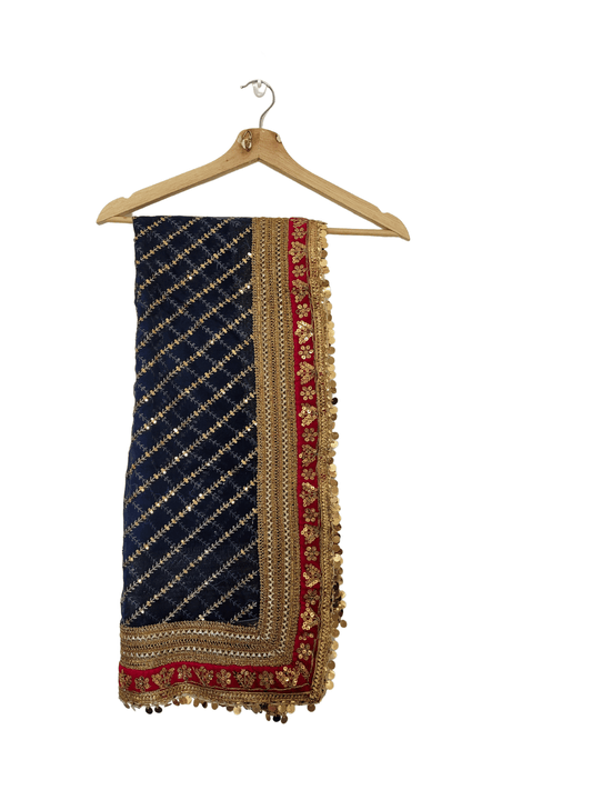 Navy Blue Heavy Embroidered Organza Dupatta