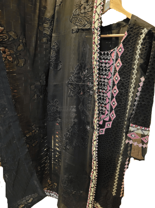 Nurah Uzbek Black Schiffli Lawn 3 piece suit