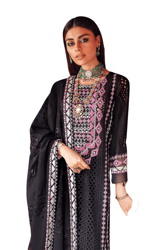 Nurah Uzbek Black Schiffli Lawn 3 piece suit