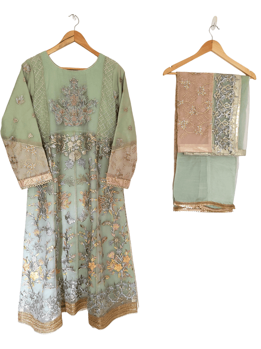 Olive Embroidered Organza Long Dress