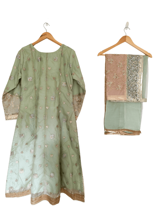 Olive Embroidered Organza Long Dress