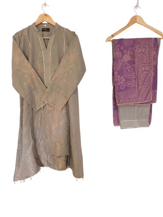 Riaz Arts Mauve & Grey Khaddar Jacquard 3 Piece Suit