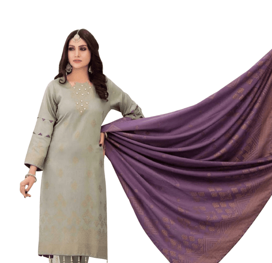 Riaz Arts Mauve & Grey Khaddar Jacquard 3 Piece Suit