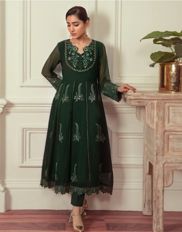 Bottle Green Chiffon Gown 3 Piece