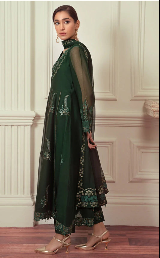 Bottle Green Chiffon Gown 3 Piece