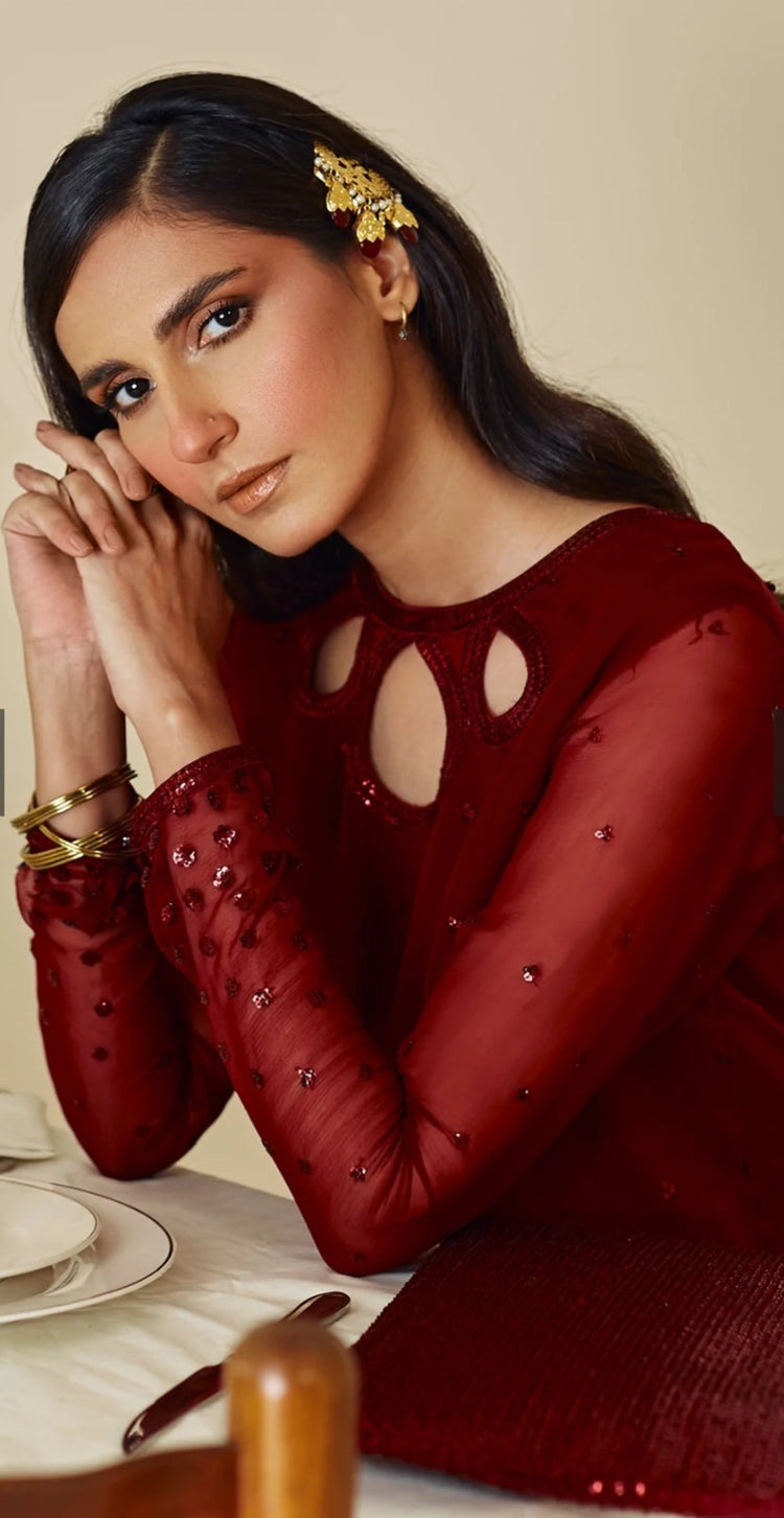 Burnt Red Chiffon Formal 3 Piece Suit