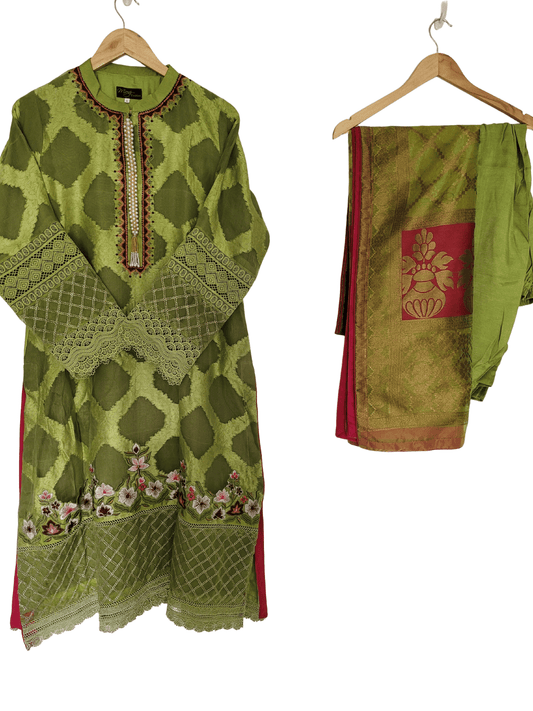 Venom Green Embroidered Organza 3 Piece Suit