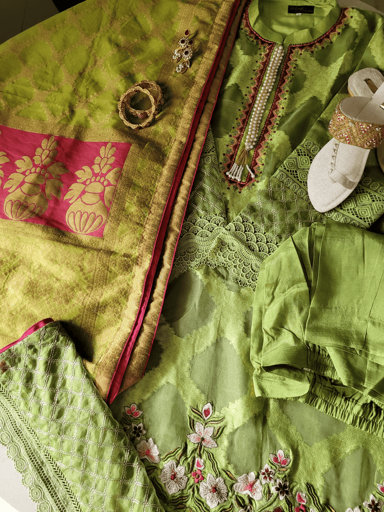 Venom Green Embroidered Organza 3 Piece Suit