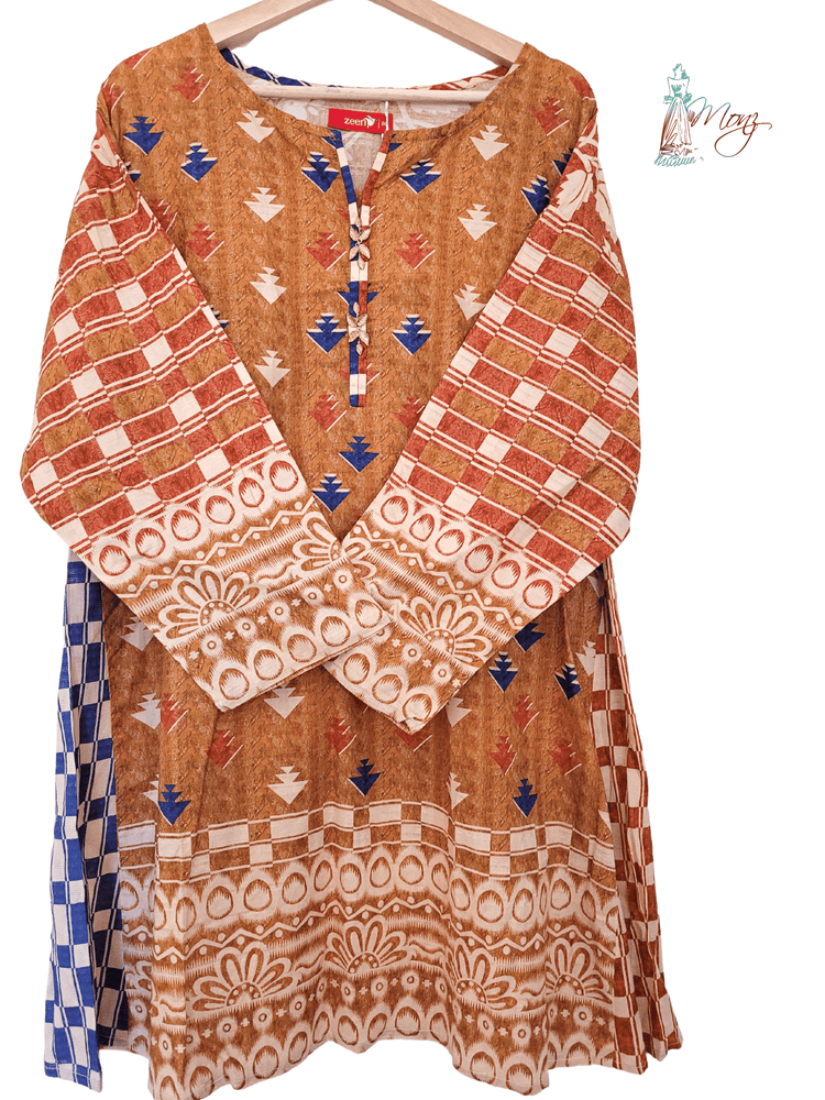 Zeen Printed Mustard & Blue Lawn Kurti