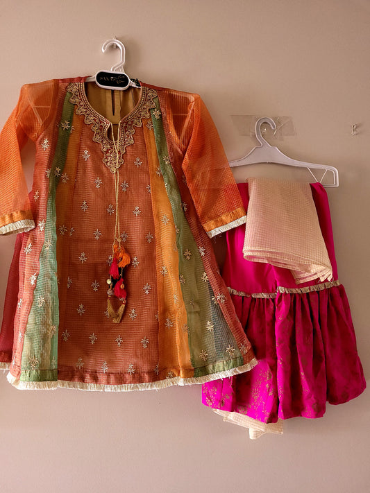 Orange multi gharara girls 3pc