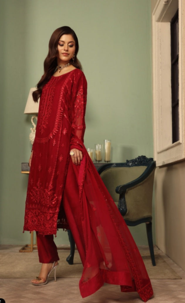 Red Embroiderd chiffon 3pc