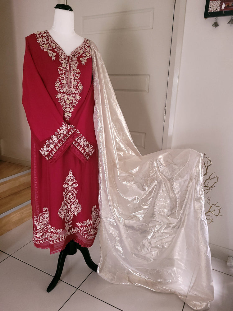 Reddish maroon chiffon 3pc dress