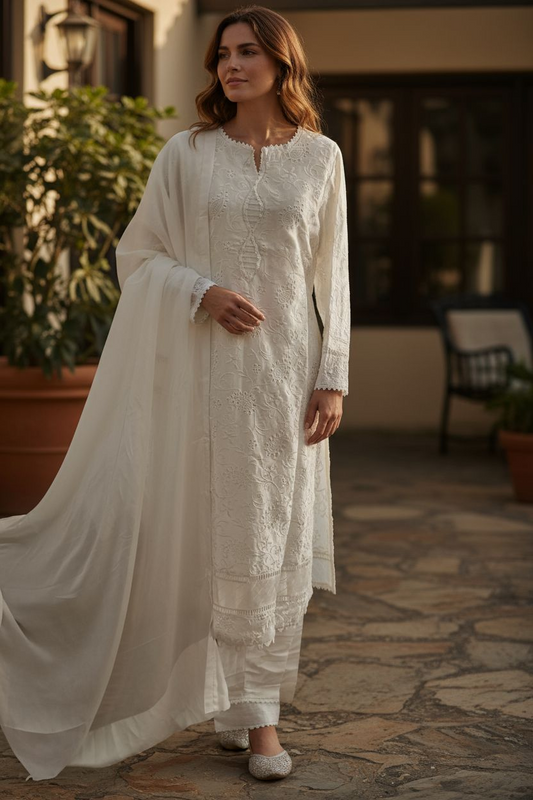 White pure silk chikenkari 3pc dress