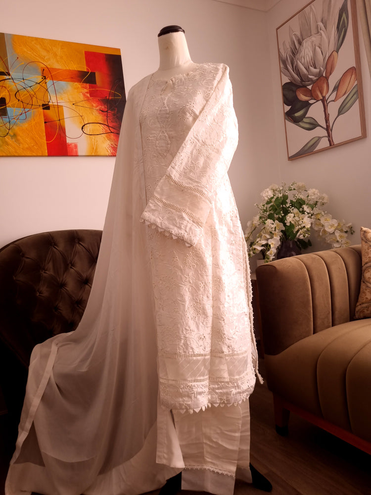 White pure silk chikenkari 3pc dress